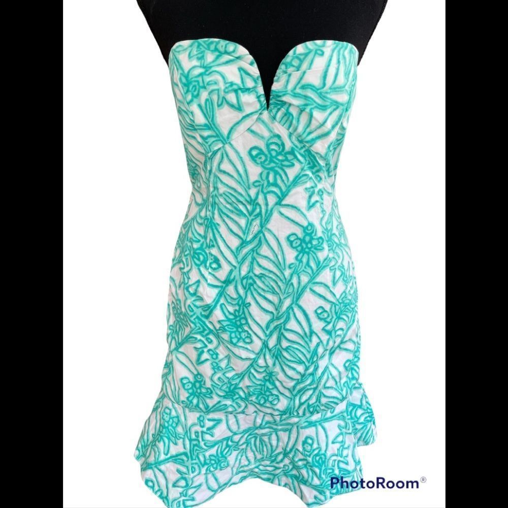 Milly of New York Strapless White Dress with Teal Floral Embroidery